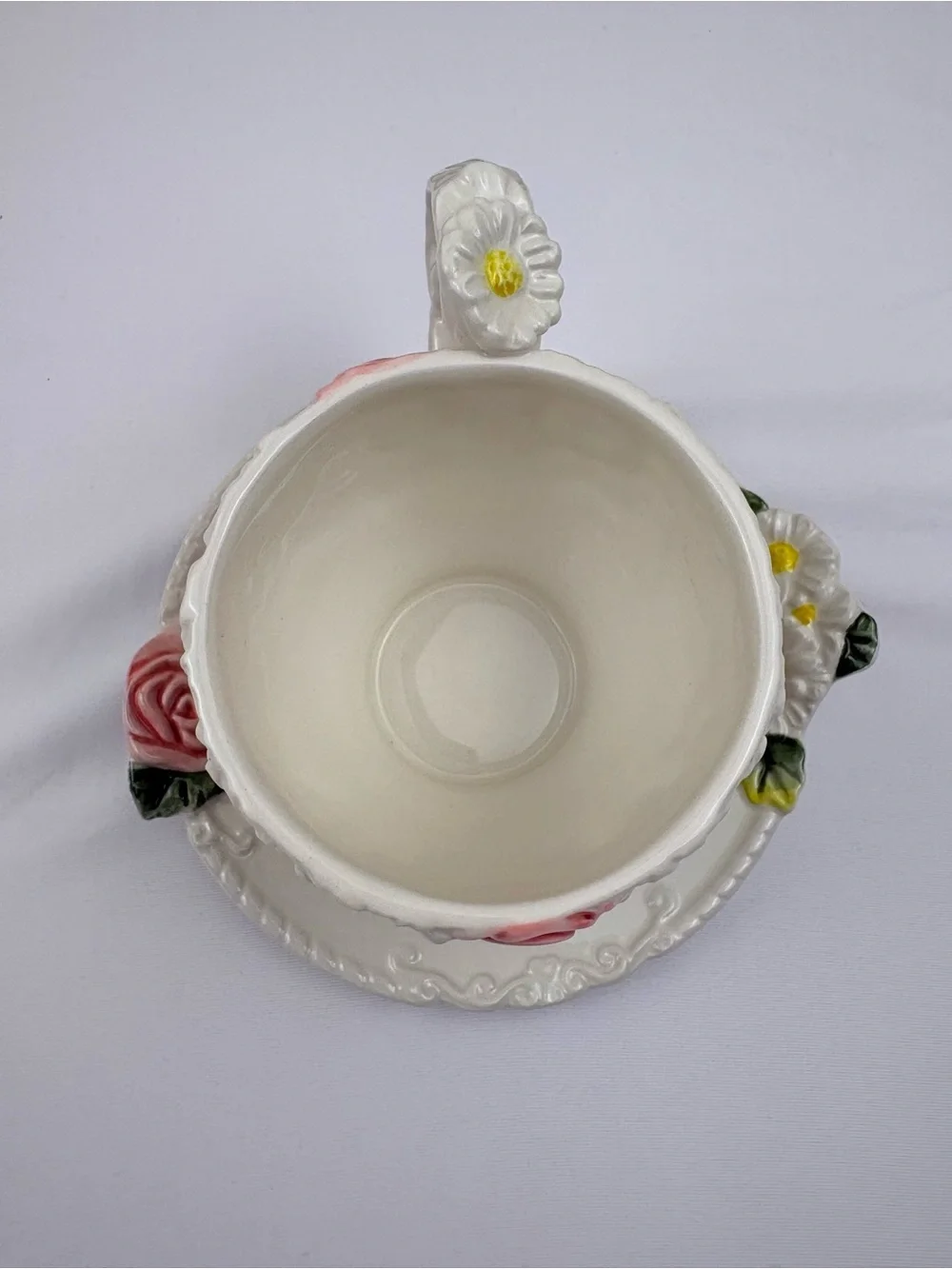 White Teacup & Saucer Featuring Ceramic Base, Raised White Daisies & Pink Roses